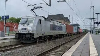 HHLA Metrans loc + goederentrein vertrekt langzaam van station Bad Bentheim!