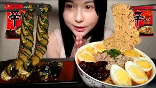 【ASMR】辛ラーメン 茹でたまご コチュジャンの甘辛きゅうり｜mukbang|eatingsound