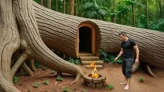 He Found a Fallen Giant Tree - Then Built a Secret Luxury Home Inside (Rain ASMR Survival) 