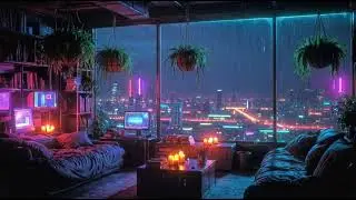Skyline from the Sofa | Cyberpunk Rain for Sleep 1-Hour 