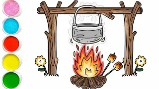 How to Draw Campfire with Cooking Pot | Easy Step by Step Drawing for Kids|Cute Camfire Drawing