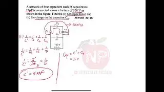 A network of four capacitors each of capacitance 15 microfarad is connected across a battery of 100V