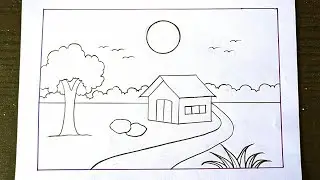 A beautiful home scenery drawing || Scenery drawing tutorial || prakritik drishyo || Easy Scenery