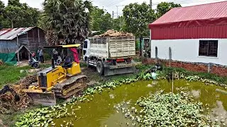 Starting A New Project!! Filling Land By Dump Truck Unloading soil with Komat'Su D20P Dozer
