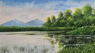 Easy Landscape Painting | River, Trees and Mountains | Relaxing Nature Art