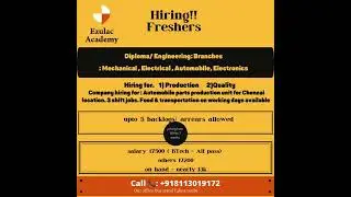 Jobs for Electrical Mechanical Electronics Automobile Engineers or Diploma call 📞 +918113019172