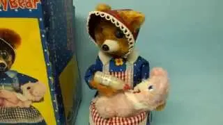 1950's YONEZAWA JAPAN HUNGRY BABY BEAR BATTERY OPERATED TIN TOY & BOX