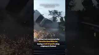 Overloaded pickup truck flips over when tire blows out