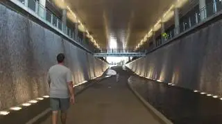 Robby runs through water feature at Pittsburgh's convention center