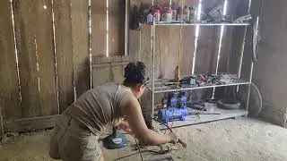 The repair genius girl has cut the steel butt weld madeClothesline for an old lady