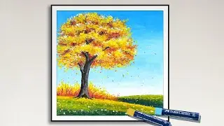 Oil Pastel Landscape | How to draw a tree with yellow leaves with oil pastels | Paint Step by Step