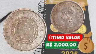 MOEDA 500 R&Eacute;IS 1889, PRATA RARA,VALORES ATUALIZADOS 2025.