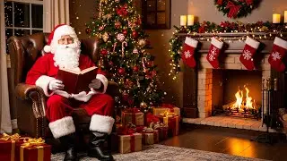 Santa Claus Sitting and Relaxing at the Crackling Christmas Fireplace Scene in His Holiday Cabin