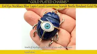 Evil Eye Necklace Blue Lapis Lazuli Gemstone Scarab Beetle Pendant Gold Plated
