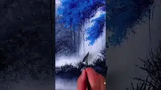 How to paint Blue Tree Waterfall Acrylic Landscape Art Oval Brush Technique #painting #art