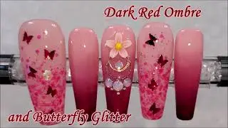 Butterfly Glitter and Dark Red Nail Design | Red Ombre Nails | Nail Art Ideas | DIY Press On Nails
