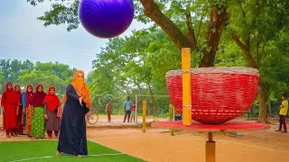 Village Girl Contestant&rsquo;s Game Challenge Of Throwing Gimbal Into Spinning Top