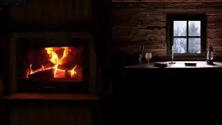 Cozy forest hut with fireplace in winter. The sound of fire. Relaxation 3 hours