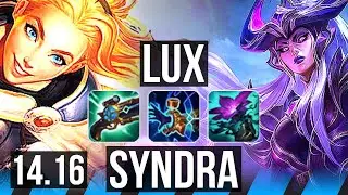 LUX vs SYNDRA (MID) | 65k DMG, 5k comeback, 6 solo kills, 14/4/20, 800+ games | EUW Master | 14.16