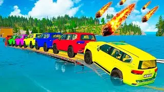 Triple Flatbed Trailer McQueen Transportation with Truck - Speedbumps vs Cars vs Train - BeamNG #84