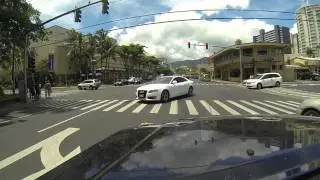 Driving on O'ahu, Hawaii from Waikiki to the H1 freeway