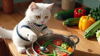 Cute Cat Cooking Dinner in the Kitchen &ndash; Adorable Kitten Preparing a Delicious Meal with Funny