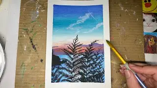 Painting an Easy Ocean Sunset w/ Ferns With Gouache
