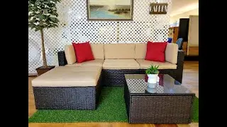 5 pieces outdoor rattan all weather patio sectional with glass coffee table