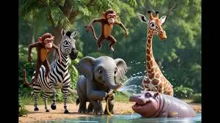 A baby elephant spraying water everywhere and laughing  The water hits different animals like zebra,