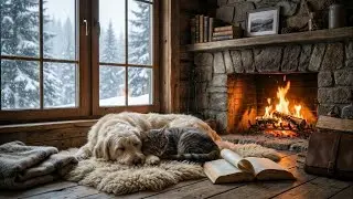 Cozy Winter Cabin Fireplace 🔥 Dog & Cat Sleeping | Relaxing Ambient Livestream