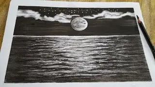 Ocean with full moon sketch/charcoal pencil sketch/Easy charcoal pencil sketching