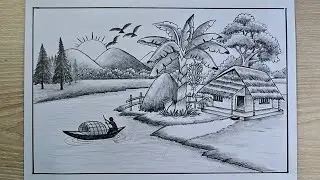 How to Draw Riverside Village Scenery || Easy Beautiful Nature  Landscape drawing for Beginners