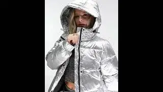 STRADIVARIUS STR Puffer Jacket Coat Hooded Women Shiny Glossy Wetlook Silver Metallic | Asos