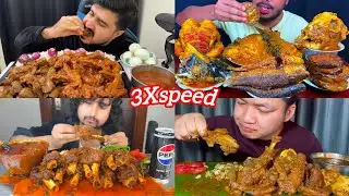 ASMR :SPICY🔥Mutton Nalli Curry Whole Chicken Fish Curry Chicken Wings Rice Salad Mukbang 3X