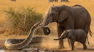 Giant Python Attacks Elephant Calf at African Waterhole