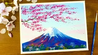 How to Paint Simple Mount Fuji Landscape with Cherry Blossoms / Sakura / Acrylic Painting / ASMR