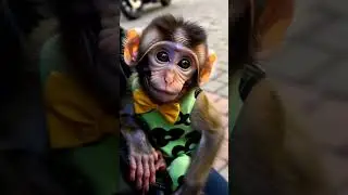 Close-Up of Adorable Baby Rhesus Monkey with Huge Expressive Eyes & Fluffy Fur Wearing Green Attire