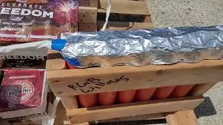 Single fuse technique for rack of fireworks.