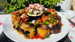 Delicious EGGPLANT rolls stuffed with meat & fish paste/釀茄子卷