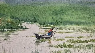 Man in a boat watercolor painting | beautiful nature scenery art