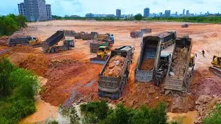 Best Dump Truck Management Technology To Unloading Good Huge Land Filling Up Dozer Spreading Dirt