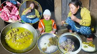 We are enjoying buff curry & rice ||Jina cooking buff curry for family || enjoying meal in first hut