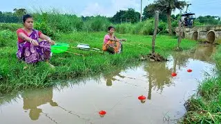 Fishing Video🎣🎣 || Two Village Cute Girl Fishing In The Canal Using Four Sticks technology With Hook