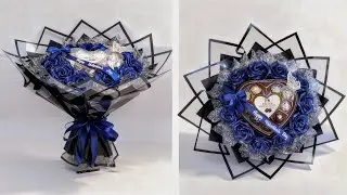 DIY Valentine&rsquo;s Gift Idea | Easy Satin Ribbon Roses + Heart Chocolates | Wrapping a Round Bouquet