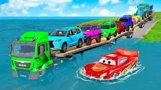 Triple Flatbed Trailer McQueen Transportation with Truck - Speedbumps vs Cars vs Train - BeamNG