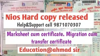Nios. Nios result help 9871070307. Nios hard copy of marksheet. Migration. Certificate released. 