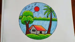 Easy circle scenery drawing with colour/Nature drawing easy and beautiful with oil pastels