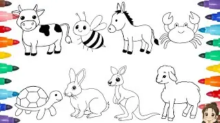 Easy Animal Drawing and Coloring for Kids 🐝🐢 Cute Farm and Pet Animals Drawing 🐑🐄 Kids Art