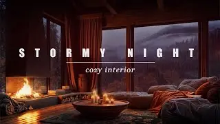 Stormy Night Interior | Rain, Wind & Fireplace Ambience