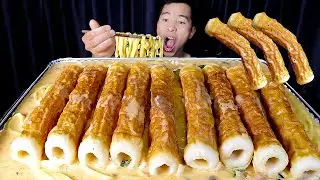 mukbang creamy pasta ,  fish cake